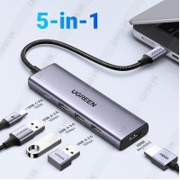 Bộ chuyển đổi USB Type-C 5 trong 1 ra HDMI 4K@60Hz, USB-A x3, Sạc PD 100W chí hãng Ugreen 15597 